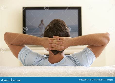 Man Watching Widescreen Tv At Home Stock Image Image Of Home People 55890473