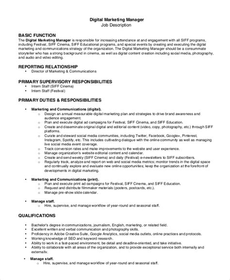 While all manager job descriptions need to be customized to meet the needs of the department or function they lead, this sample manager job description will give you ideas, job content options, and sample this manager job description identifies the basics needed to perform a management role. FREE 9+ Sample Marketing Manager Job Descriptions in PDF