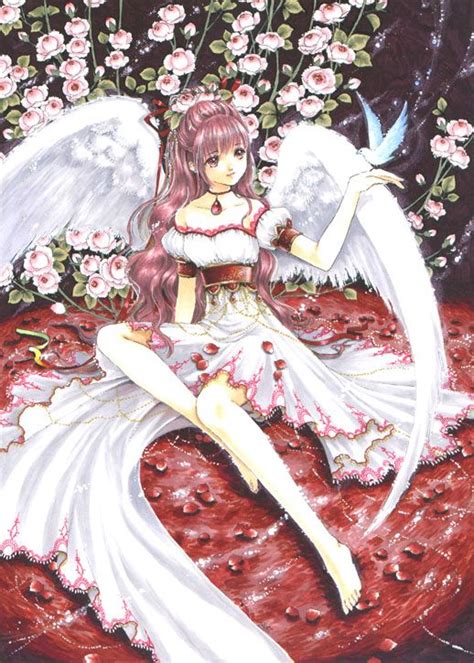 Red Angel With White Feather Wings Blue Bird And Long Brown Hair By Manga Artist Shiitake