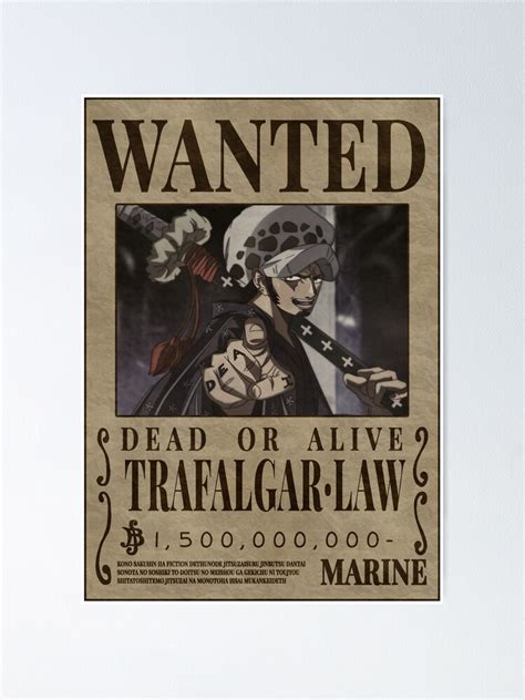 Póster Trafalgar D Water Law Bounty One Piece Wanted de OnePieceWanted Redbubble
