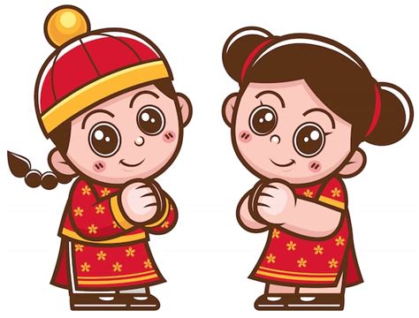 Cartoon Chinese Kids Wearing Traditional Chinese Costume Vector