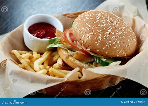 Burger With Fries And Ketchup Royalty Free Stock Photography