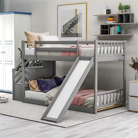 Churanty Twin Over Twin Low Bunk Bed With Slide And Stairwaysolid Wood