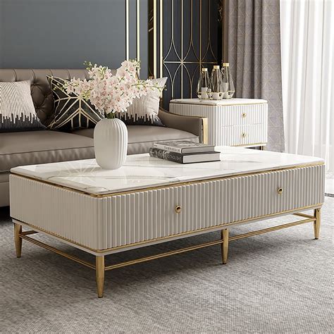 Bline 51 White Faux Marble Rectangle Coffee Table In Gold With Storage