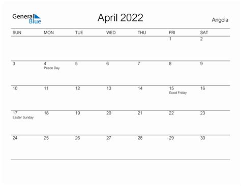 Printable April 2022 Monthly Calendar With Holidays For Angola