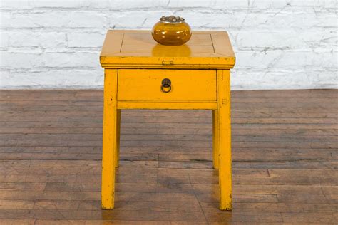 Chinese Vintage Yellow Lacquer Side Table With One Drawer And