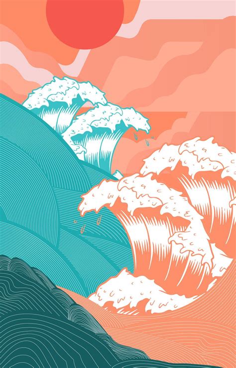 Japanese Big Waves Art With Sunset Concept 6124267 Vector Art At Vecteezy