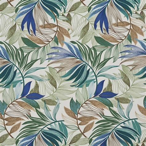 Aqua Brown And Beige Tropical Beach Oasis Leaf Themed Upholstery Fabric