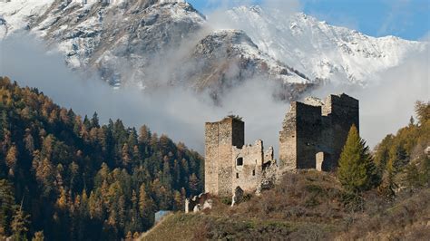 壁紙、1920x1080、スイス、山、森林、城、廃墟、雪、霧、自然、ダウンロード、写真
