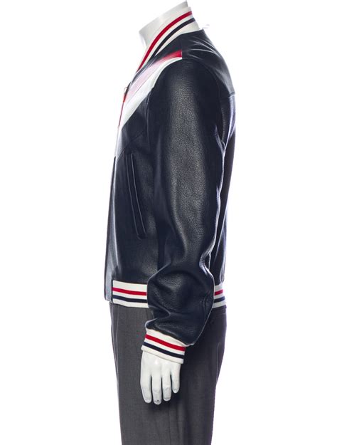 Thom Browne Leather Colorblock Pattern Varsity Jacket Blue Outerwear