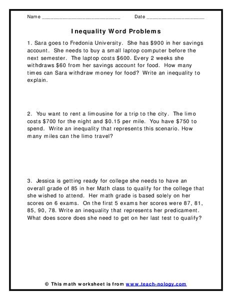 Inequality Word Problems Worksheet For 6th 9th Grade Lesson Planet