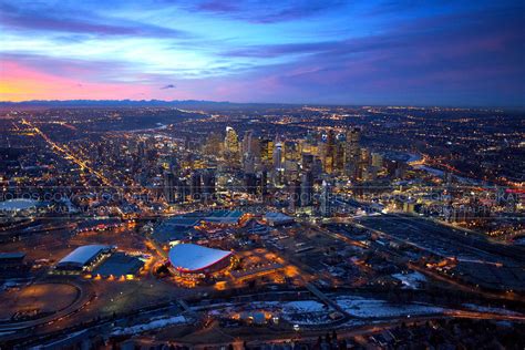 Aerial Photo Calgary City Skyline At Sunset