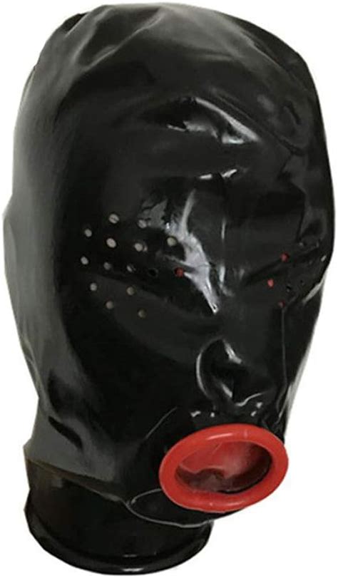 exlatex latex hood perforated eyes mask rubber mouth with inner red condom asphyxia mask without