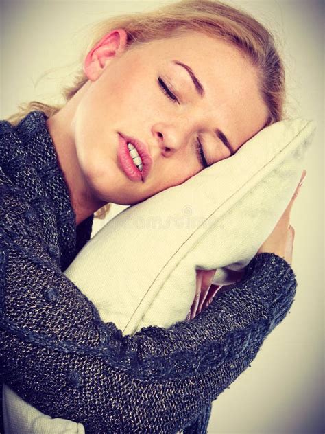 Happy Sleepy Woman Holding Cozy Pillow Stock Photo Image Of Dream