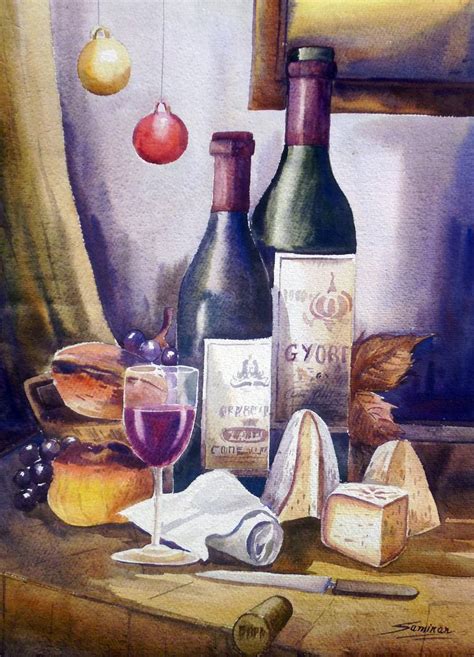 Wine Bottles Wine Glass And Food Watercolor Painting Painting By Samiran