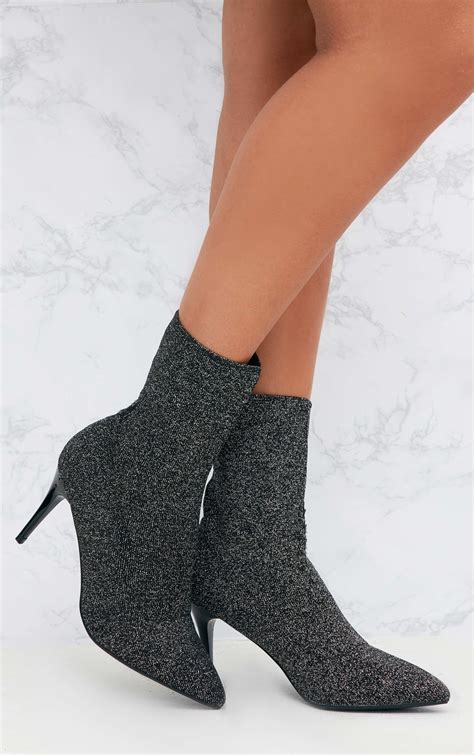 Silver Mid Heel Ankle Sock Boot Prettylittlething Fr
