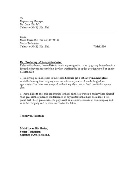 Contoh Surat Resign Hotel One Month Notice Bahasa Inggris Dokumen Hanna