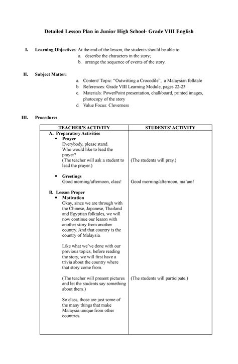 Lesson PLAN Junior HIGH School - Detailed Lesson Plan in Junior High
