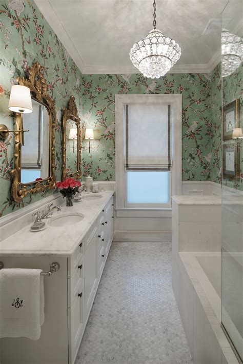 Chicago Eclectic Victorian Girls Bath With Chinoiserie Wallpaper