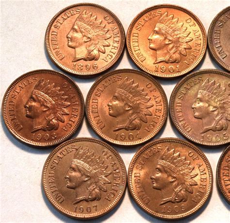 Lot 10 Uncirculated Indian Head Cents 1896 1901 1904 1905 1906 1909