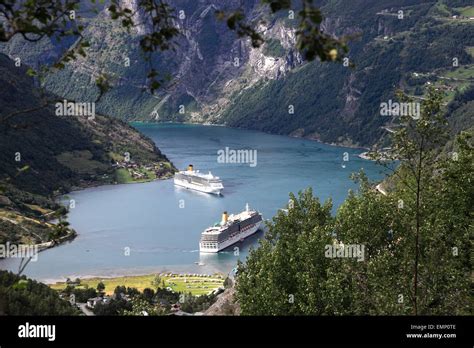 View Of Cruise Ships In Geirangerfjord Geiranger Town Unesco World