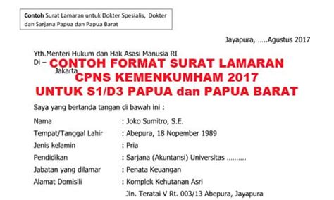 Nah, bagi anda yang sedang membutuhkan referensi tentang bagaiman cara membuat surat lamaran cpns, berikut ini kami sediakan contoh surat lamaran cpns untuk lulusan sma di salah satu kementerian yang. Contoh Surat Lamaran Resmi Kemenkumham