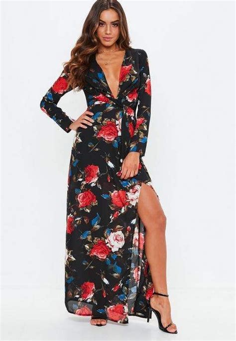 Missguided Black Floral Long Sleeve Twist Wrap Maxi Dress Dresses Uk