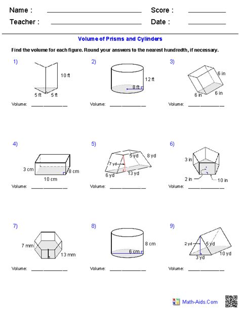 Volume And Area Worksheet
