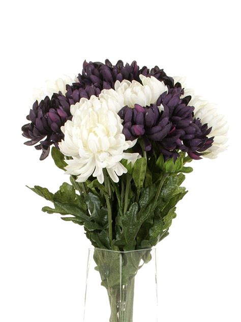 floral elegance artificial 55cm single stem chrysanthemums x 12 6 x white and 6 x dark purple