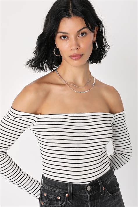 Black And White Bodysuit Striped Top Off The Shoulder Top Lulus