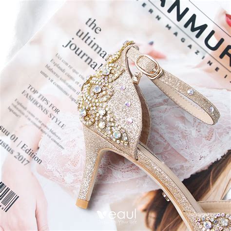 sparkly gold rhinestone wedding shoes 2020 leather glitter sequins ankle strap 9 cm stiletto