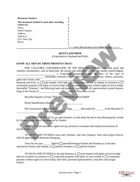 Wisconsin Quitclaim Deed From Corporation To Husband And Wife Us