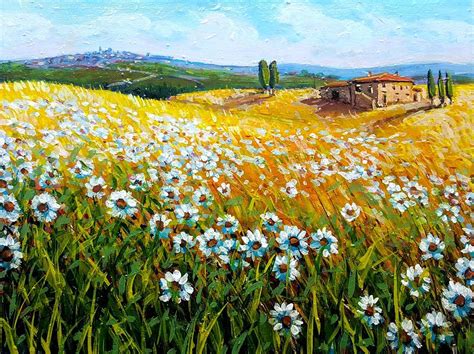 Flowers Field Original Italian Oil Painting Tuscany Landscape