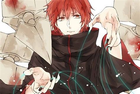 An Anime Character With Red Hair Wearing A Black Outfit And Holding His