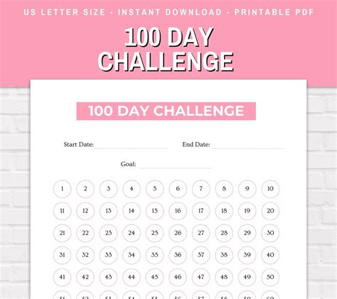 100 Day Challenge Printable Pdf 100 Day Challenge Chart Worksheet 100