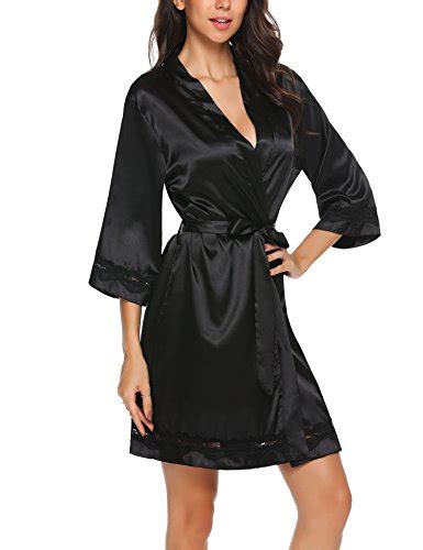 Ekouaer Women Bathrobes Short Kimono Robe Satin Silky Lace Trim