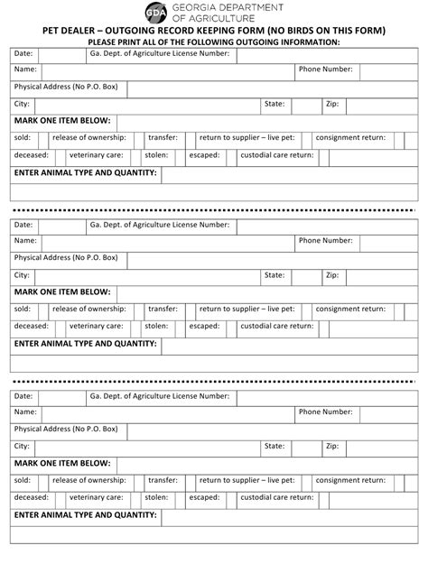 Georgia United States Pet Dealer Outgoing Record Keeping Form