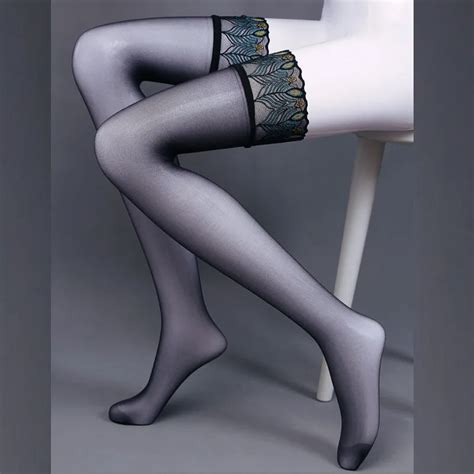2017 new peacock feather pattern women ladies sexy stockings sexy sheer lace top thigh high