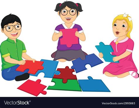 Kids Playing Puzzle Royalty Free Vector Image Vectorstock Puzzle