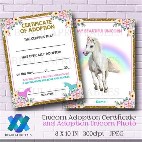 Unicorn Adoption Certificate Personalize Unicorn Photo Party