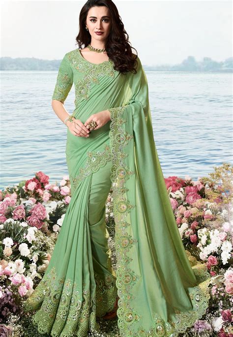Green Satin Silk Heavy Embroidered Saree 6208