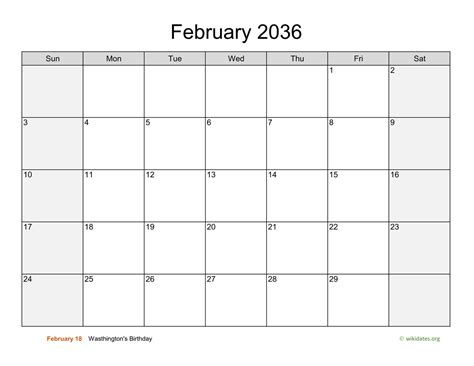 February 2036 Calendar With Weekend Shaded