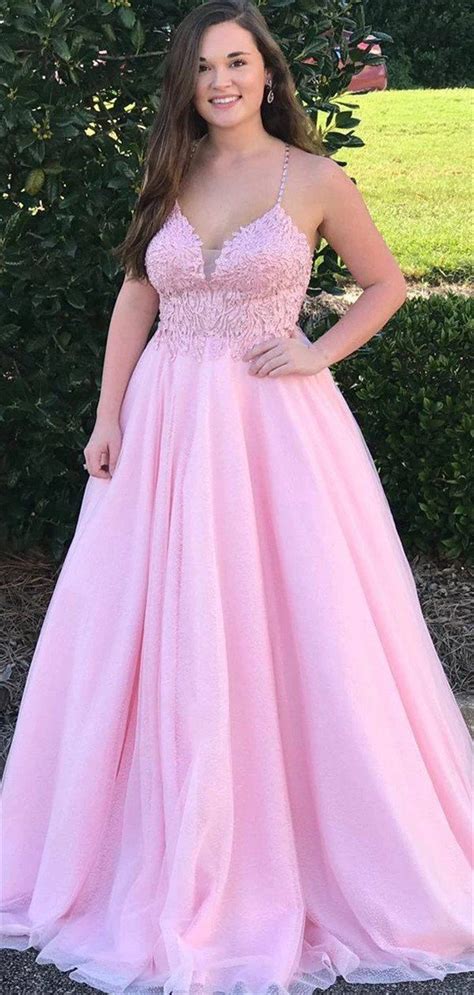 A Line Spaghetti Straps V Neck Appliques Top Pink Long Tulle Prom
