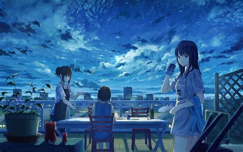 2880x1800 Anime Girls Night Friends Dinner Clouds Falling Stars