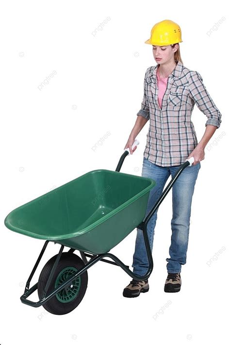 Female Construction Worker With A Wheelbarrow Photo Background And
