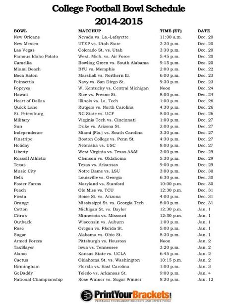 College Football Bowl Games Schedule Printable