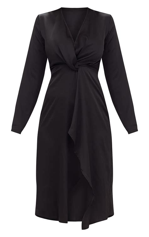 Black Satin Long Sleeve Wrap Midi Dress Prettylittlething