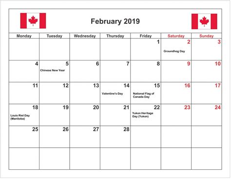 February 2019 Calendar With Canada Holidays February Calendar