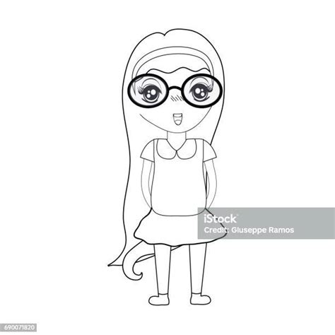 Garis Gadis Cantik Dengan Kacamata Dan Pakaian Kasual Ilustrasi Stok