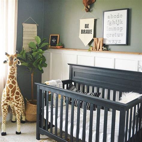 Black and white boy baby room boy nurseries boy nursery ideas celestial fox metallic wood wall nautical rustic safari space wood accent wall sign up for inspiring design, diy projects, party ideas & exclusive offers! sage green, white and black nursery with giant giraffe and ...